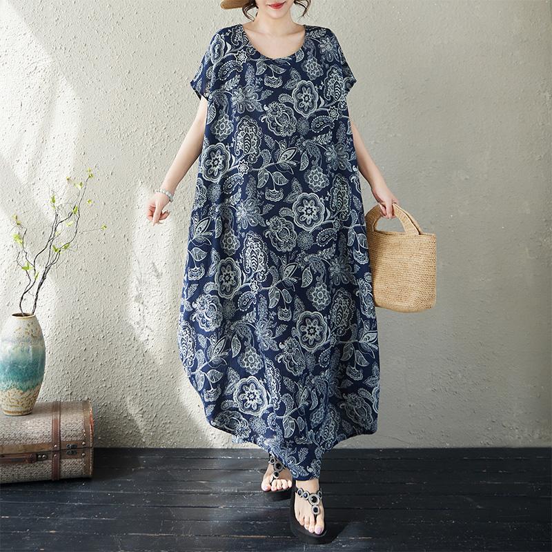 Kurzarm Plus Size Baumwolle Vintage Blumenmuster Neu in Kleidern für Damen lässig locker langes Sommerkleid