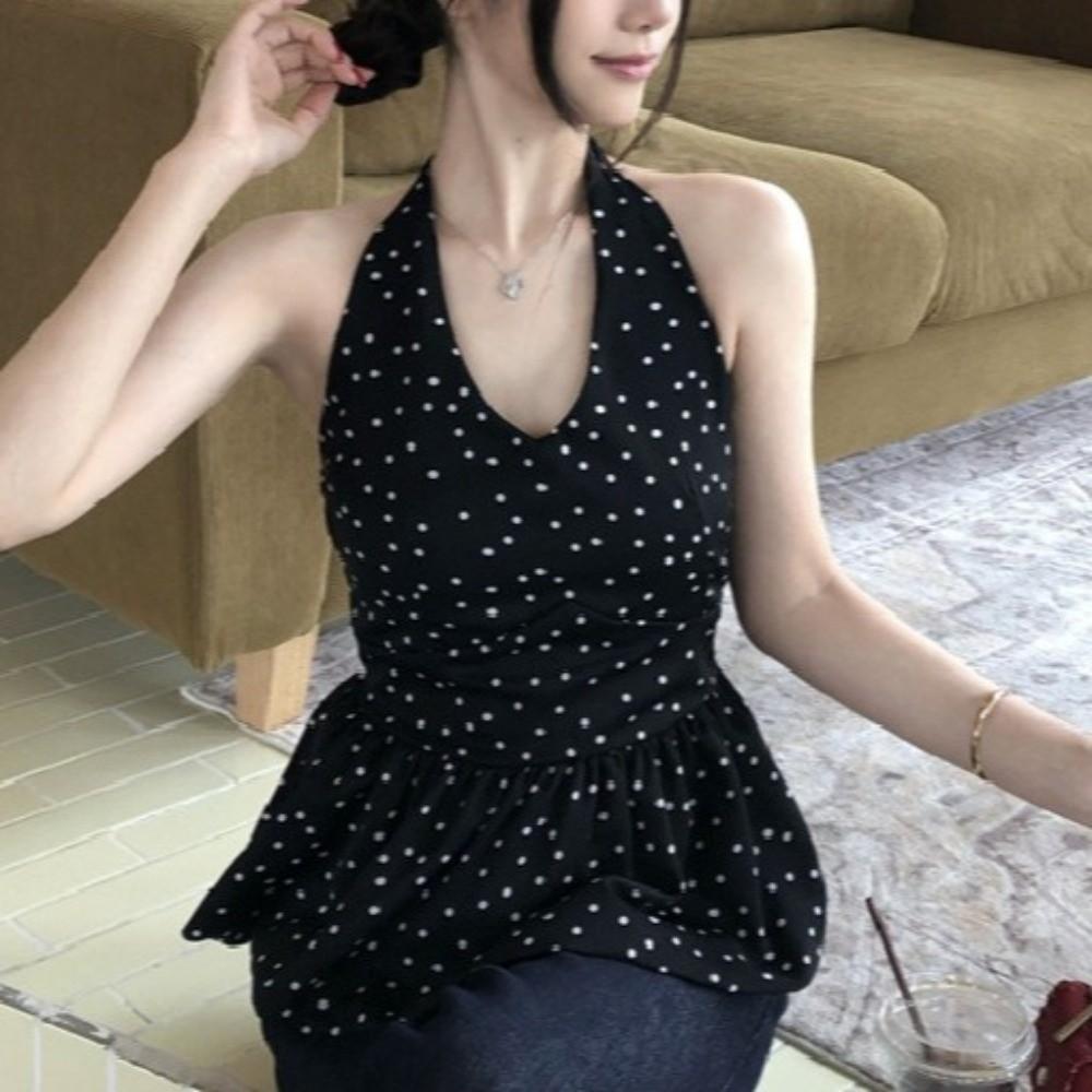 Y2k Halter Ruffle Vest Top Polka Dot Women Camisole Comfortable Sleeveless Crop Top Female