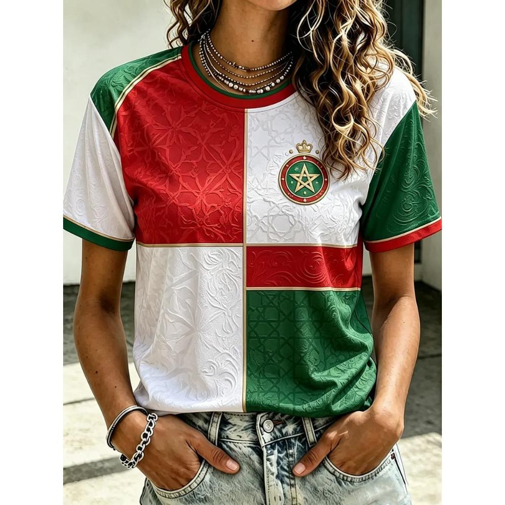 Morocco National Team Flag T-Shirt Women's V-Neck Sportswear with "MOROCCO" Crest & Traditional Trim Casual Tops Jersey