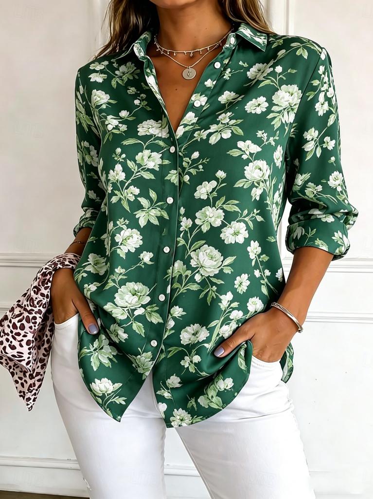 Women's Long Sleeve Floral Print Button Down Casual Shirt Elegant Daily Blouse Tops in Blue for Spring Summer