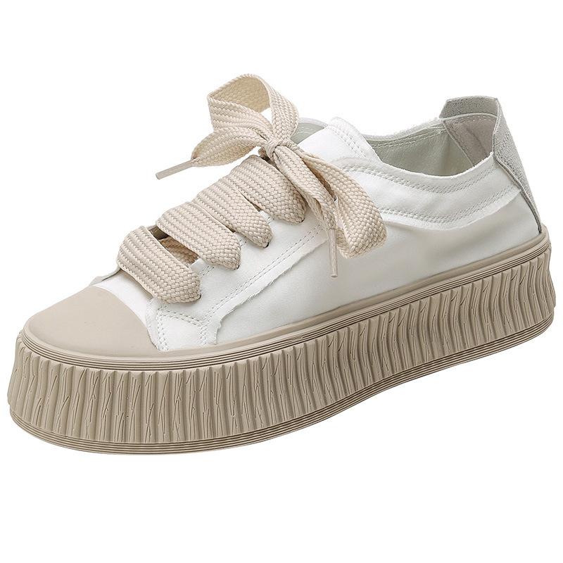 Sheepskin version of Spanish satin canvas shoes women's platform heightening casual versatile lace-up white shoes student muffin shoes