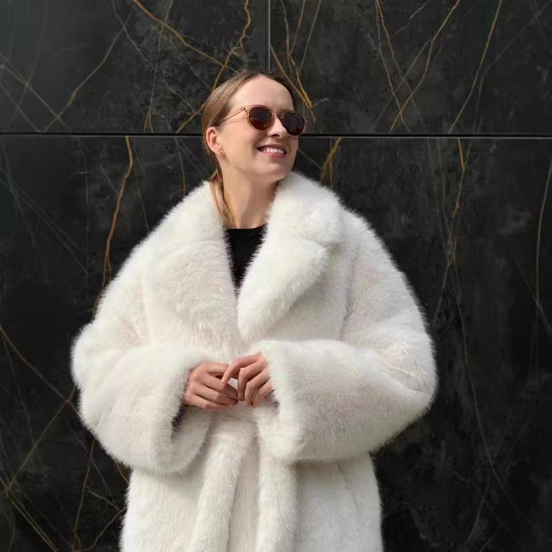 Fur autumn and winter long fox fur coat white imitation fur coat women's belt environmentally friendly fur coat