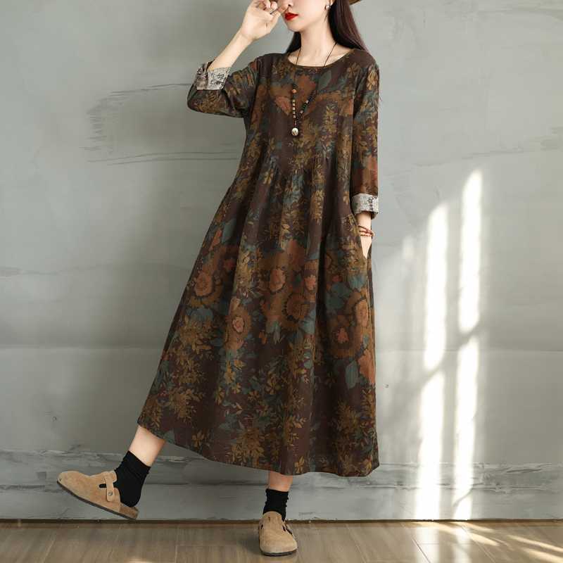 New Vintage Cotton and Linen Print Round Neck Long-sleeved Dress Women Loose Large Size Thin Stitched-A-line Skirt Women