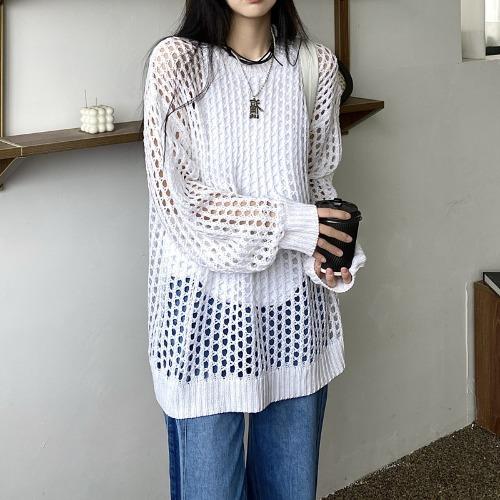 Damen Unifarbenes Hohlstrick-Shirt Frühling und Sommer Lockerer Sonnenschutz Klimaanlagen-Shirt Top