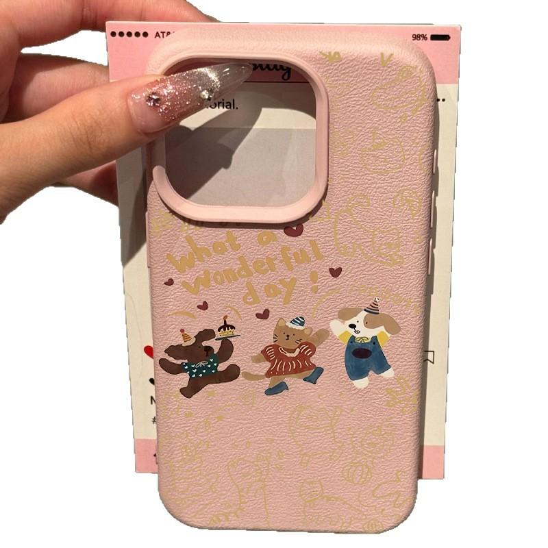 Drei Glückliche Welpen Litschi-Muster für IPhone15/16promax Handyhülle für Apple13/13/12