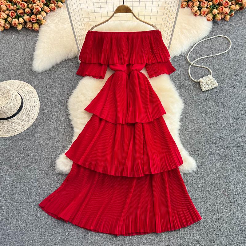 Women Hotsweet Chiffon Sundress Strap Cake Backless Sheath Bodycon Long Dress Vacation Retro Elastic Beach Dress
