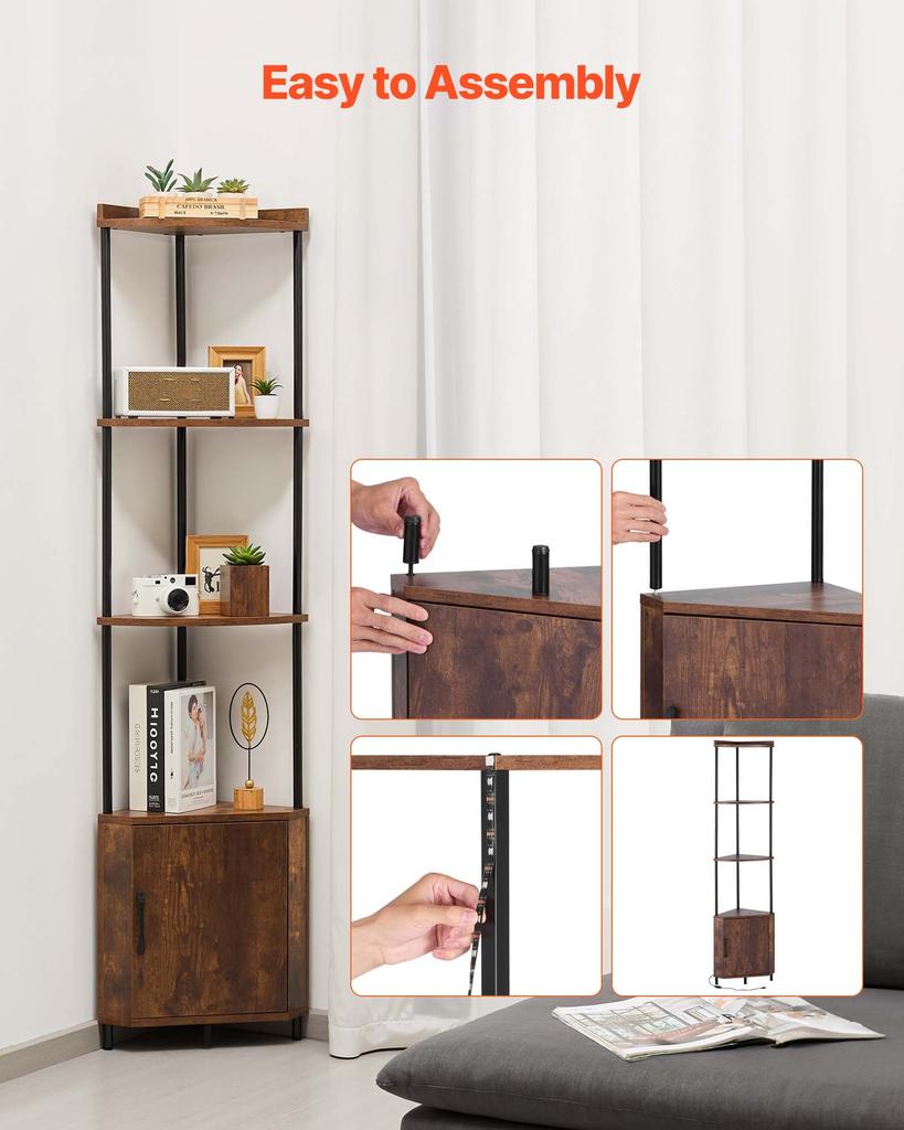 VEVOR 5 Tier Corner Shelf, Tall Corner Stand with LED Light and Doors, Wall Shelves Tower Storage Organizer, Metal Frame & Wooden Shelves