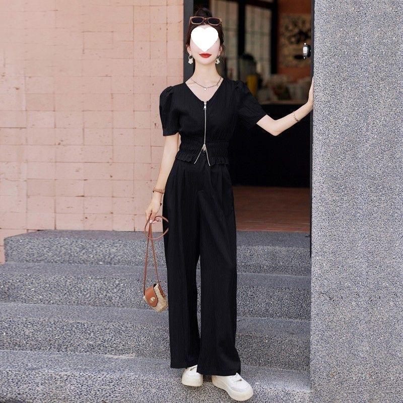 Xiaoxiangfeng Fashion Suit for Women, Summer Temperament, Street Casual, Age-reducing, Western-style Wide-leg Pants Two-piece Set