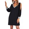 European and American New Women's Clothing Solid Color Off-the-shoulder Sleeves Casual Fashion Deep V-neck Sequined Splicing Dress