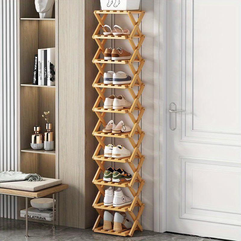 Folding Bamboo Shoe Rack, Multi-Layer Narrow Space Saving Storage Organizer No-Installation Required Shoe Shelf for Small Spaces