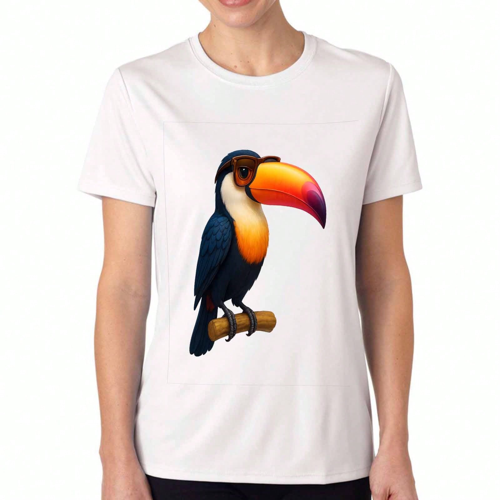 Toucan And Monstera Ladies Cotton T Shirt, Pure Cotton HighQuality Printing, Durable, Casual And Fashionable, Exotic Tropical Bird And Foliage Graphic S разноцветный