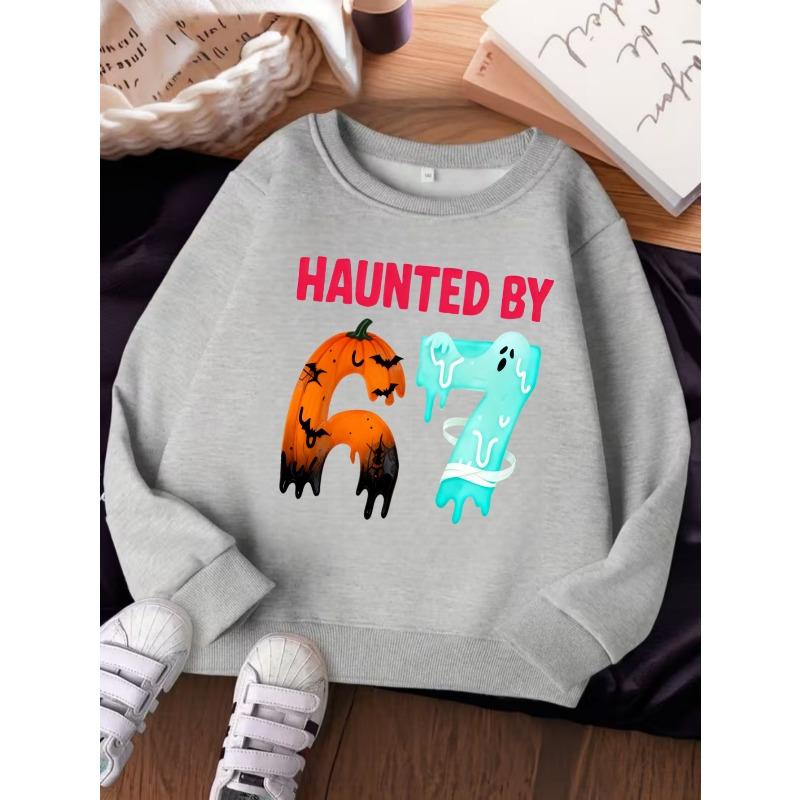 Unisex Kids Crewneck Sweatshirt For Over 4 Years Old Boys Girls Haunted By 67 Halloween Pumpkin Bat Ghost Mummy Drip Pullover Top For 4-12 Children
