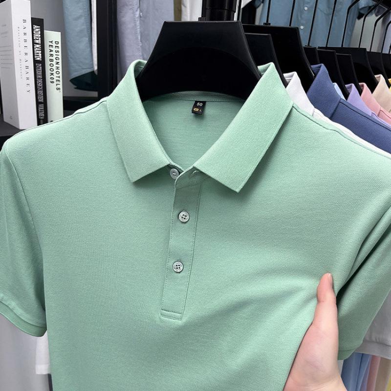 Men's Short Sleeve Turn-Down Collar Shirt - Mercerized Cotton, 16 Solid Colors, Straight Leg for Mature Style