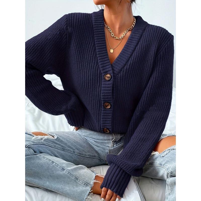 Women S Long Sleeve V Neck Knit Cardigan Solid Color Loose Casual Outerwear