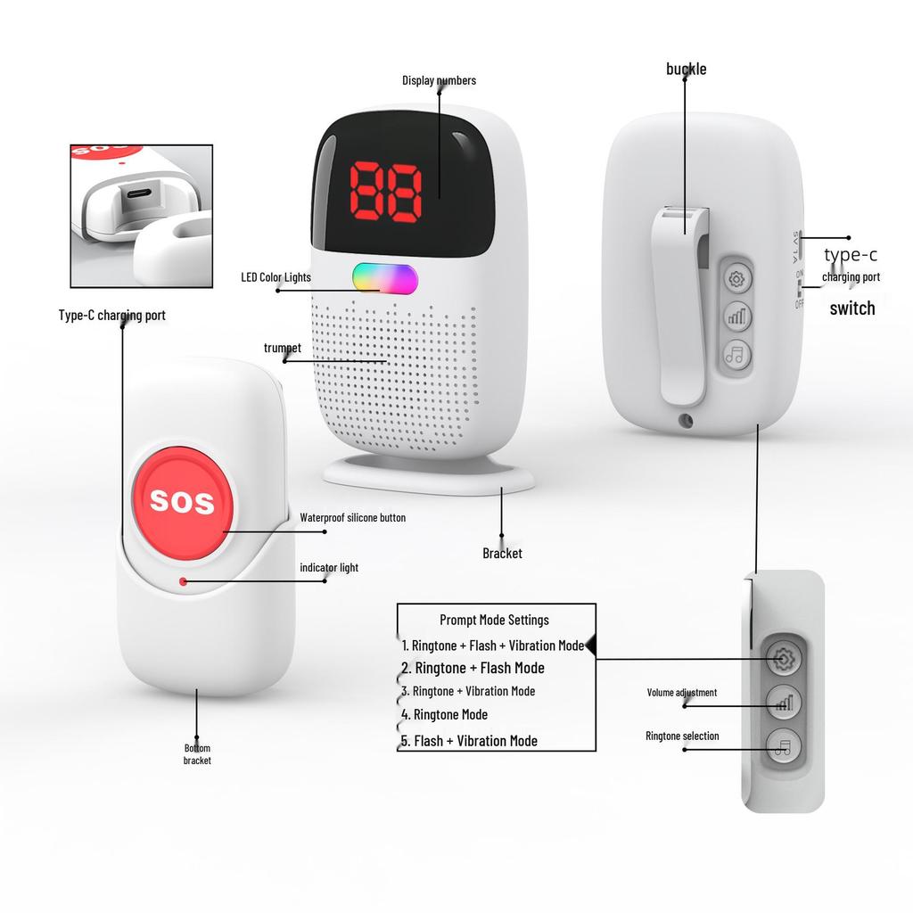 Pulsante di chiamata d'emergenza wireless impermeabile per anziani con lunga portata, ricaricabile, con funzioni lampeggianti e di vibrazione
