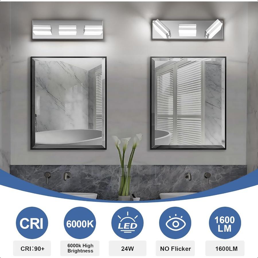 Modern LED Bathroom Lights Fixtures 3Light Metal Chrome Acrylic Wall Lighting Vanity Lights for Bathroom Over Mirror(6000k 16In