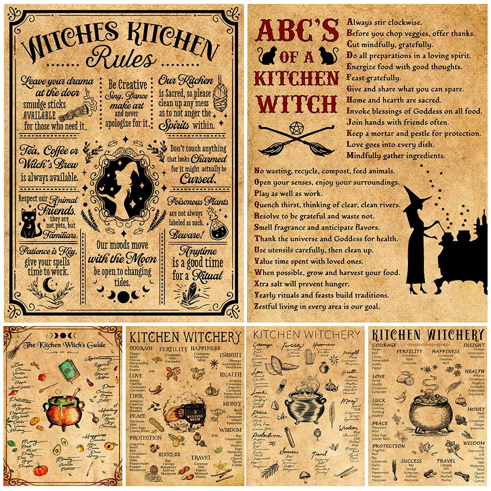 

Кухня Ведьма Винтажное настенное искусство Холст Живопись Ведьмины Травы Черная магия Знание Плакат Украшение дома
