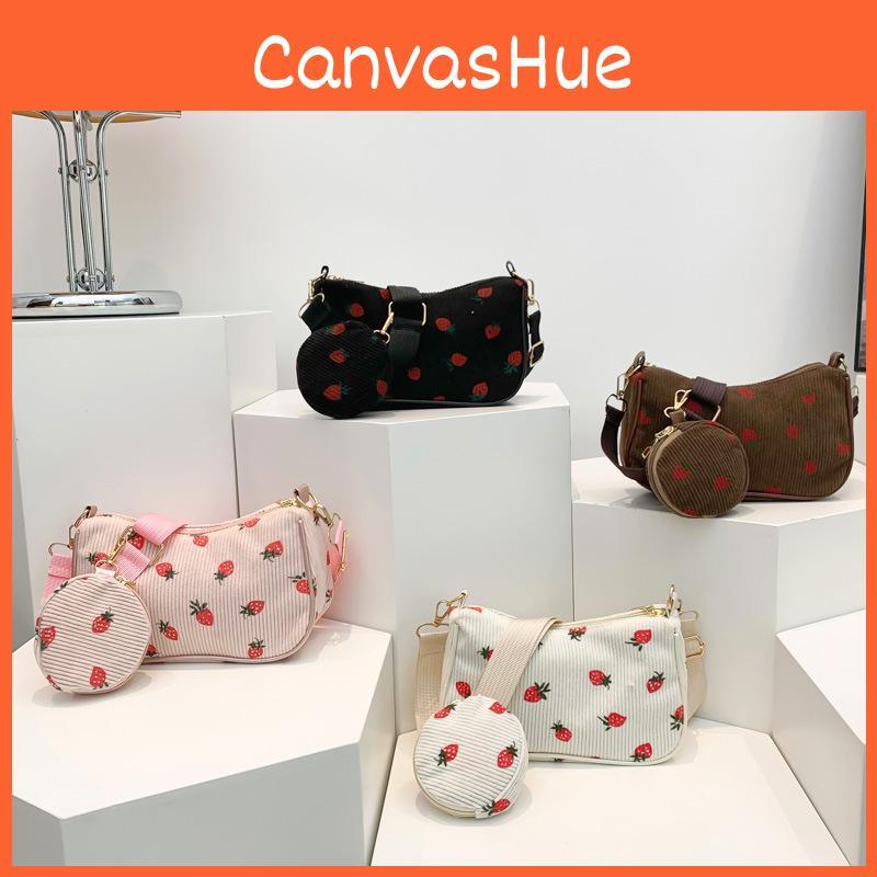 Print Strawberry Corduroy Shoulder Bag Fashion Girl Pillow Bag For Casuals Daily
