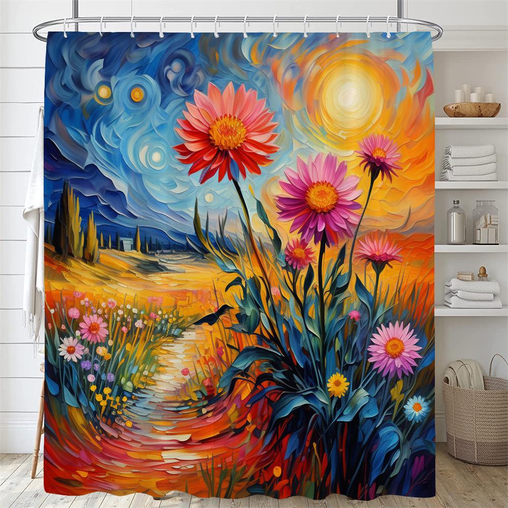 Colorful Flowers and Plants Shower Curtain Scenery Bathroom Curtain Romantic Bath Curtain Polyester Waterproof Bathroom Shower
