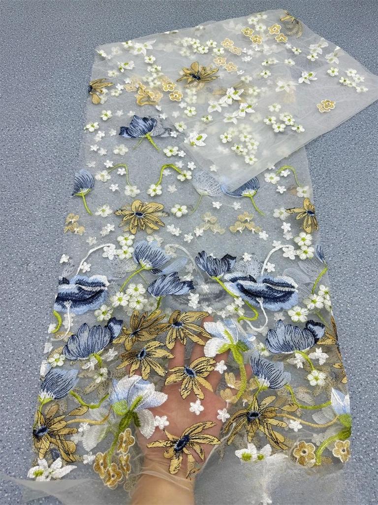 Wide 130cm Flower Embroidery Fabric Soft Tulle Nigerian Lace Fabrics Bridal Wedding Dress Cheongsam Prom Dress Applique Crafts