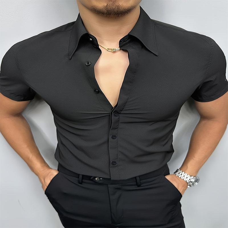 

Чоловіча літня спортивна сорочка однотонна поліефірне волокно приталена з коротким рукавом ділова повсякденна модна підходить для носіння на вулиці L чорний