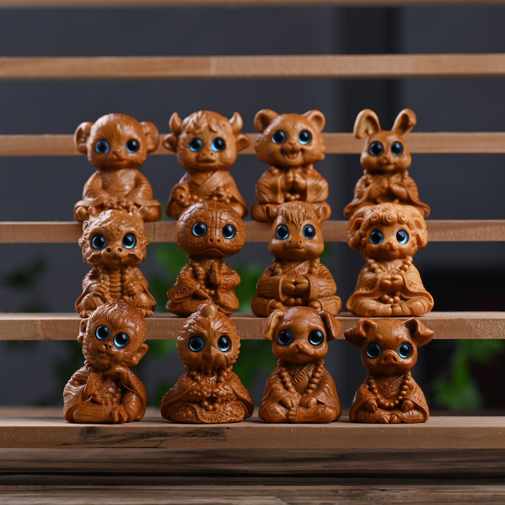 Cliff Cypress Carving New Seated Zen Style Cartoon Zodiac Snake Horse Monkey Dragon Statue Cute Creative Home Desktop Ornament