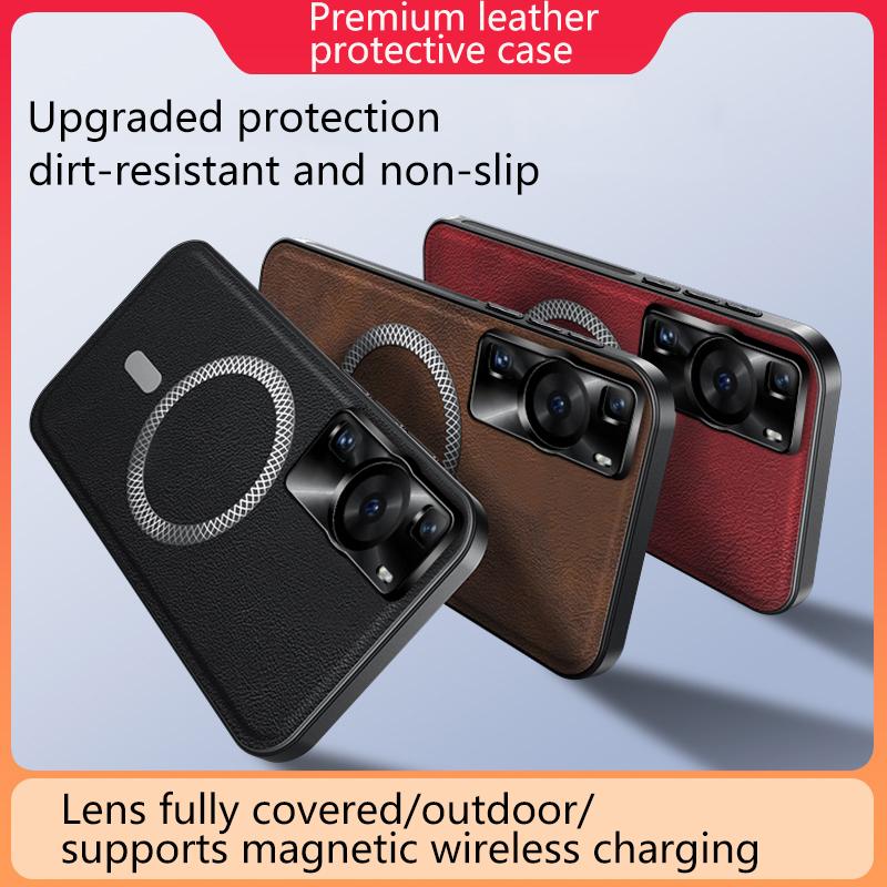 For Huawei P60 Pura 60  Case Magnetic Elegant Leather Wear-Resistant Lens Fully Covered Non-Slip Grip Edge Cover Shell