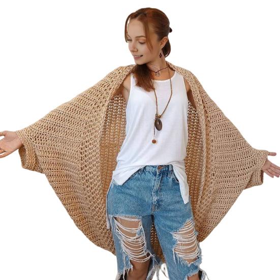 

Женский вязаный кардиган без воротника с рукавами «летучая мышь» в стиле бохо, шаль-свитер верблюд