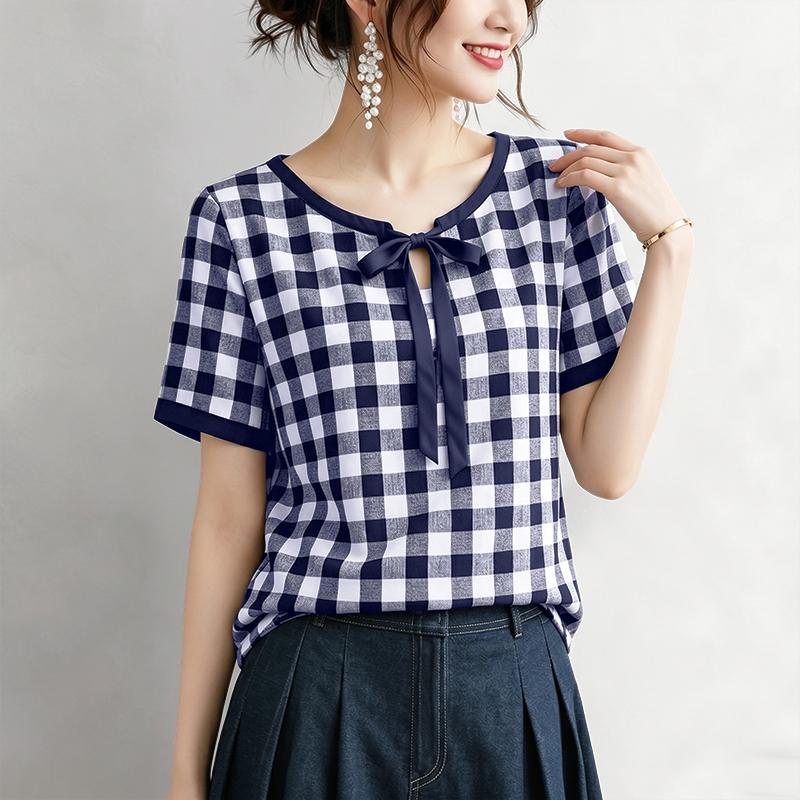 ZANZEA Women Bow Collar Casual Short Sleeve Plaid Print Blouse