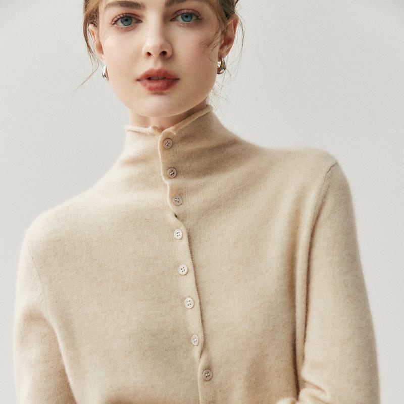 Women's Minimalist Rolled-Edge Cashmere Sweater - Semi-High Neck, Loose Fit, Slimming, Long Sleeve Knitted Base Layer
