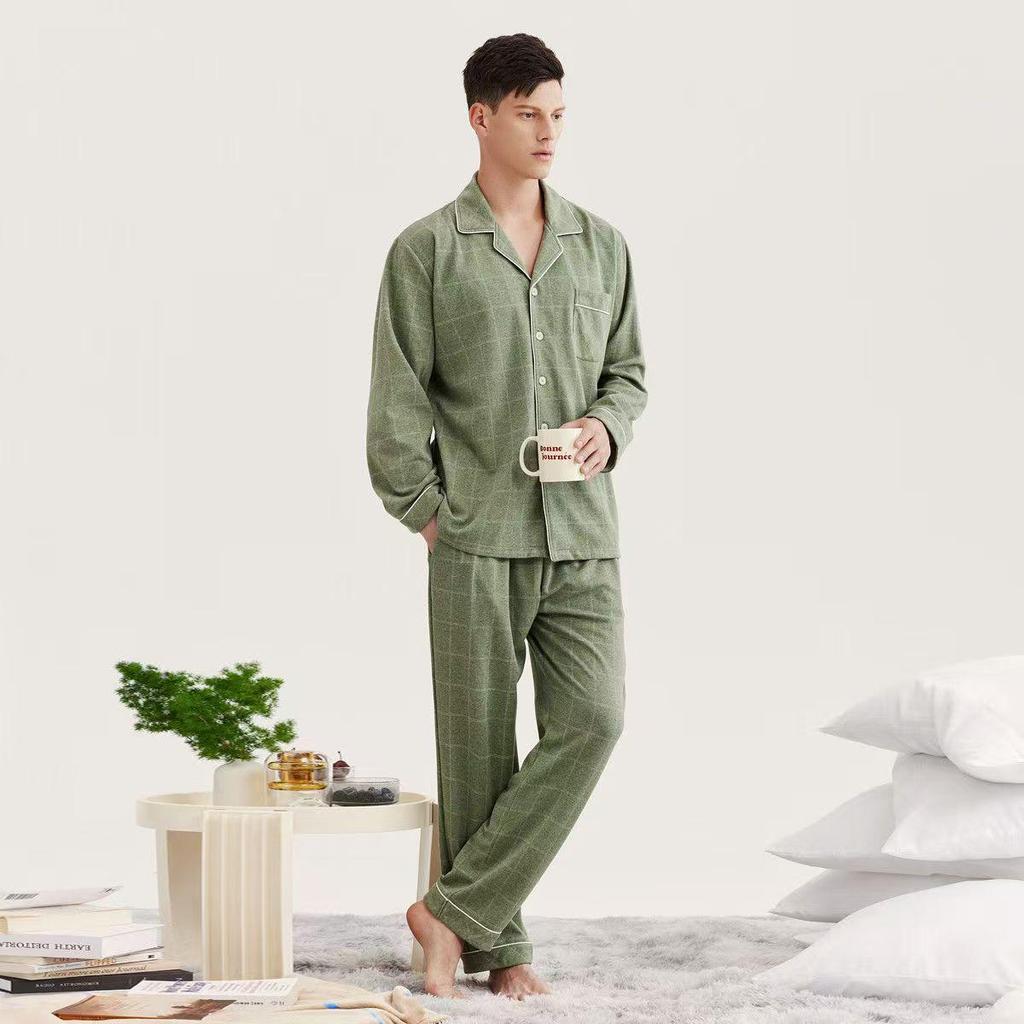 Men's 100% Cotton Pajama Set for Spring & Autumn: Long Sleeve, Long Pants, Versatile Outdoor Wear
