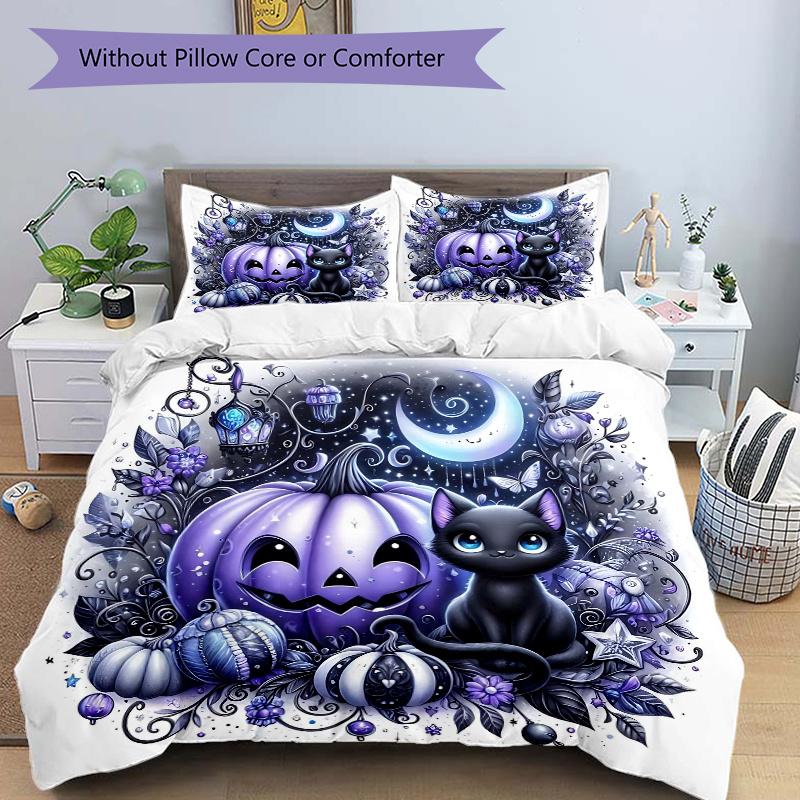 

3pcs Happy Pumpkin & Cat Print Bedding Set Soft and Comfortable, Suitable for Use in Bedrooms and Guest Rooms.N058 135x200cm