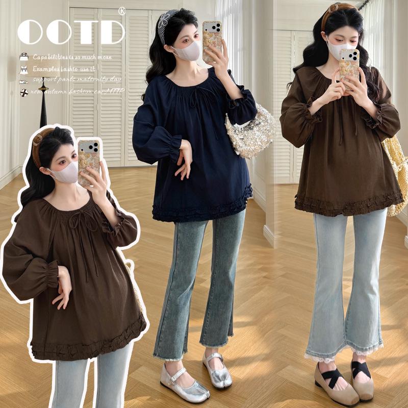 2026 Spring Floral Pleated Maternity Lace-up Long Sleeve Doll Shirt - Korean Style Loose Fit 2XL