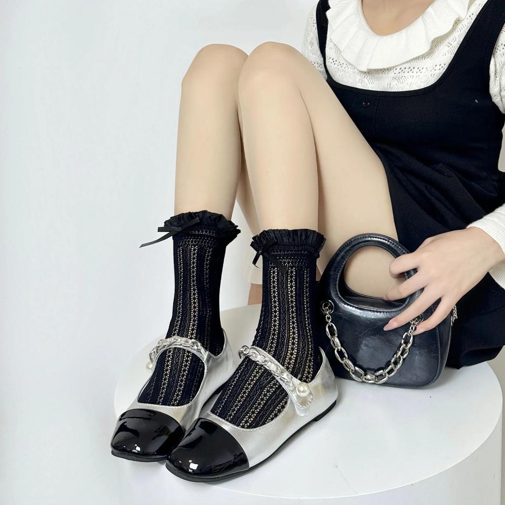 Socks Woman Summer Hollow Lace Bowknot Lolita Solid Color Socks Middle Tube Thin Casual White Sweet Girls Stockings