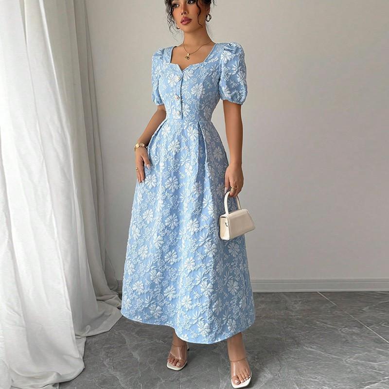 European American Temperament Dress Small Daisy Embossed Short-sleeved A-line