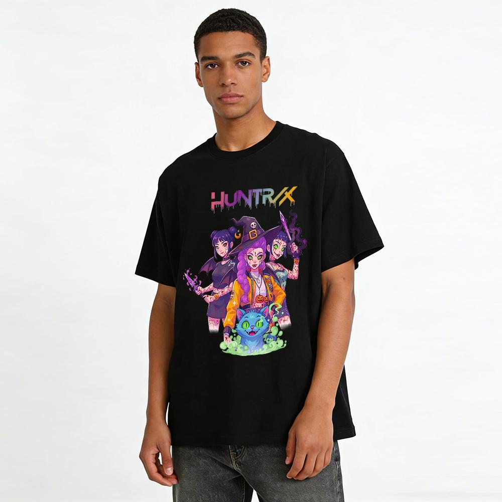 Halloween HUNTRIX Dark Girl Print T-Shirt Witch Demon Cat Pattern Casual Short Sleeve Top Pure cotton T-shirt