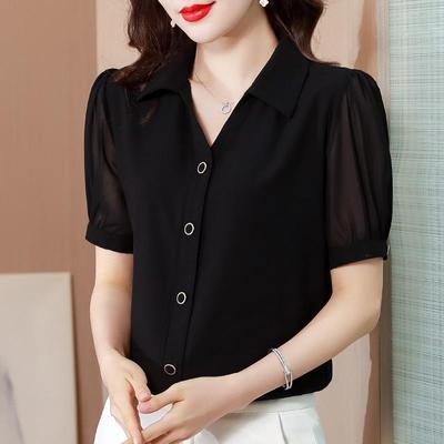 Blusa de Gasa de Manga Corta para Mujer - Versátil Camisa Negra Profesional de Verano