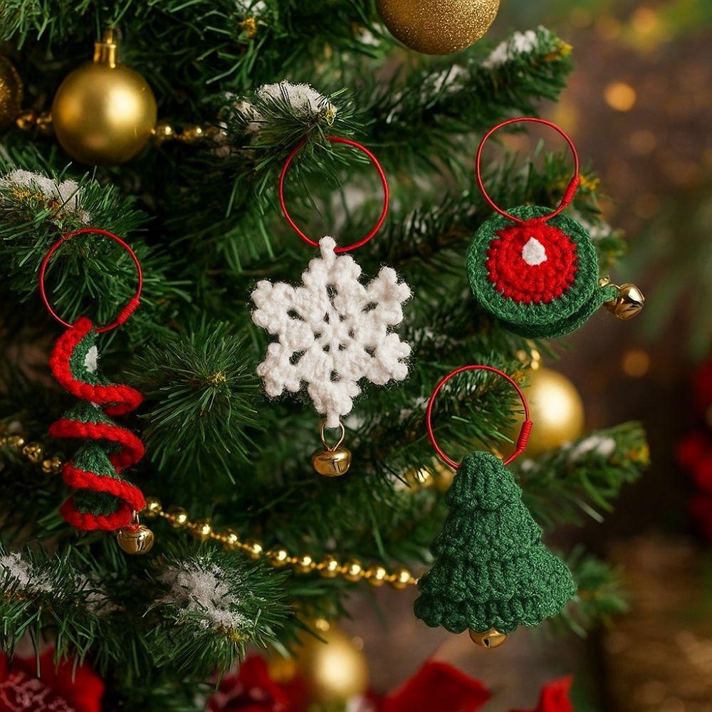 Yarn Weaving Christmas Hanging Ornament Snowflake Bell Handmade Knitted Christmas Wind Chime Cartoon Xmas Tree Pendant