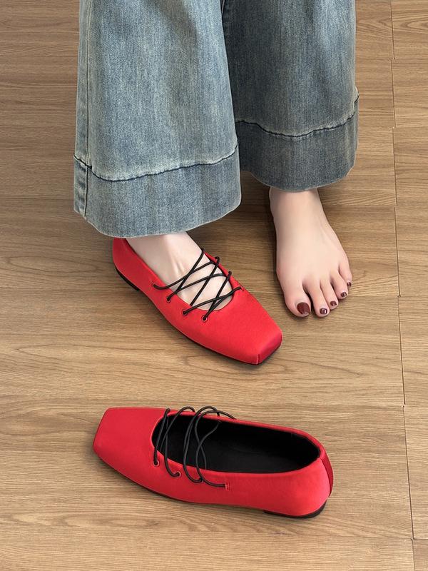 

Sheepskin version~ Satin flat-bottomed temperament cross-band versatile ballet shoes women s 2025 new spring and autumn Mary Jane single shoes 40 красный