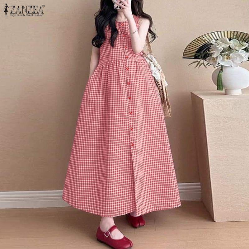 ZANZEA Women Casual Round Neck Sleeveless Plaid Print Long Dress