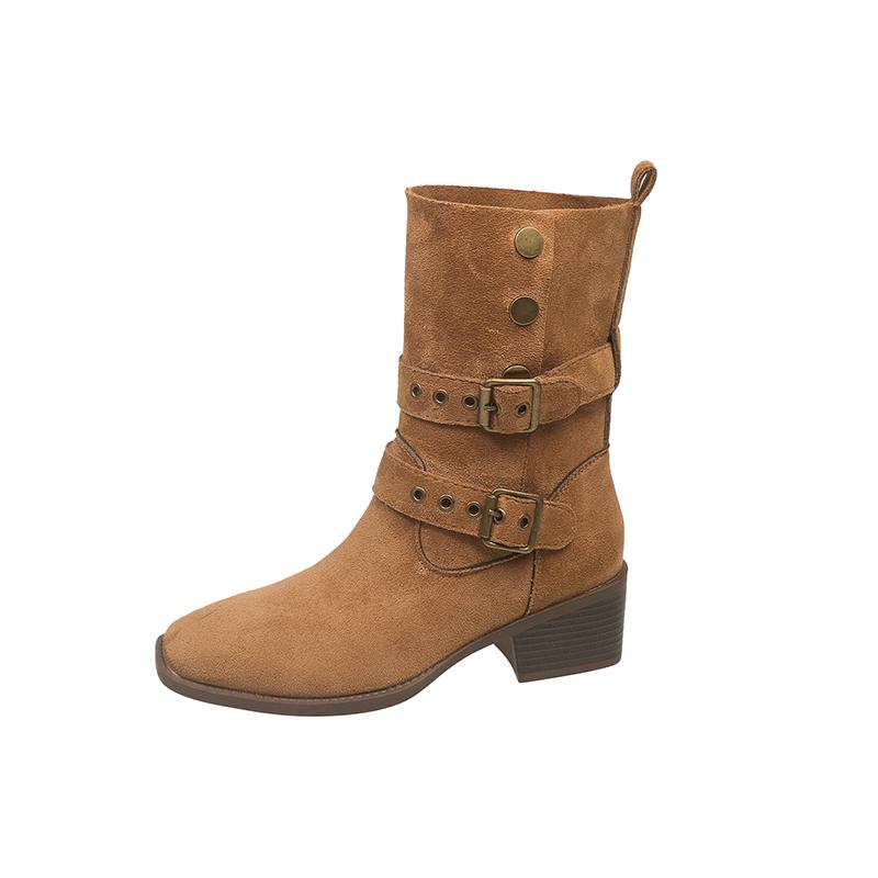 Metallic Belt Buckle Frosted Suede Soft Sole Single Shoes Autumn New Round Toe Soft Sole Non-slip Block Heel Women s Shoes 35