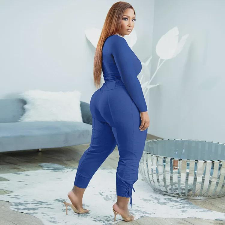 European & American Plus Size V-Neck Solid Color Casual Two-Piece Legging Suit for Women