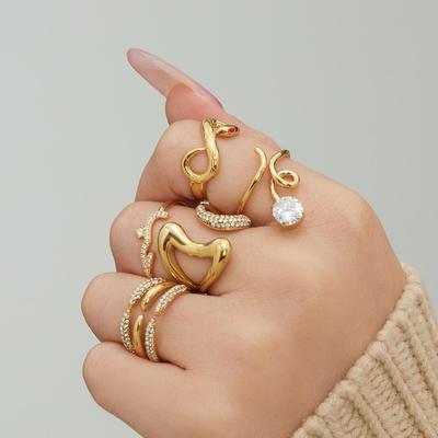 Offener Ring-Set aus Edelstahl mit Zirkonia-Einlage, 18 Karat vergoldet - Moderner Modeschmuck