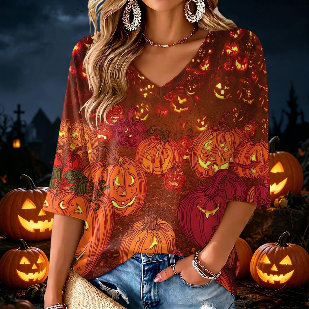 Women's V-Neck Halloween Print Lightweight Blouse for Spring and Summer