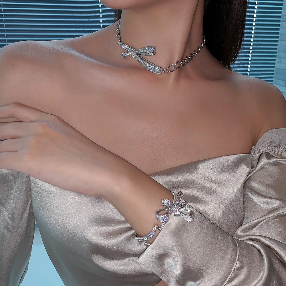 Exaggerated Bow Necklace Full of Diamonds Elegant Butterfly Bracelet Open Bangle with Micro Inlaid Design