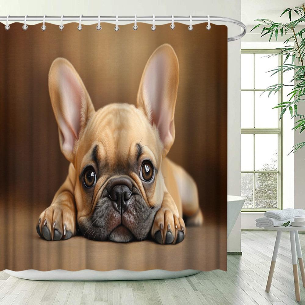Realistic French Bulldog Shower Curtain - Detailed Texture & Lifelike Eyes, Light Tan & Warm Brown, Polyester, 12 Hooks
