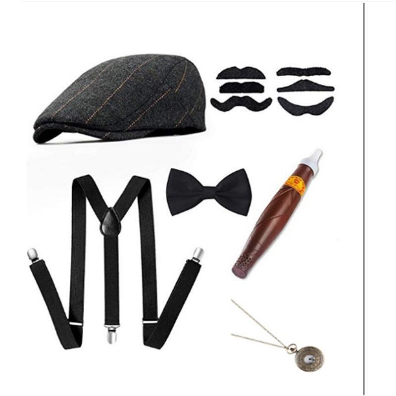 1920s Gangster Style Accessory Set - Vintage Gentleman Fedora, Suspender, Pocket Watch & Mustache Combo