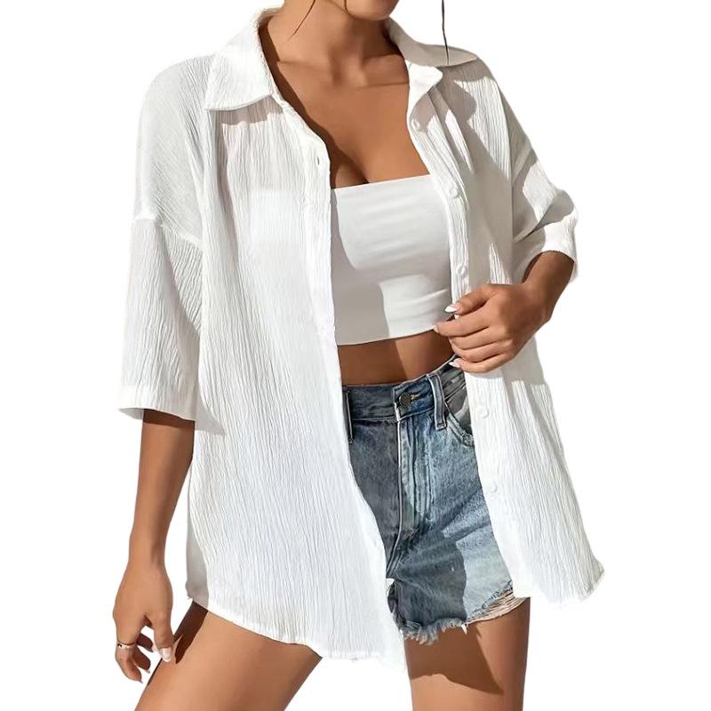 

Однотонный сетчатый топ с коротким рукавом для защиты от солнца - Модный, свободный, прохладный летний верх Large белый