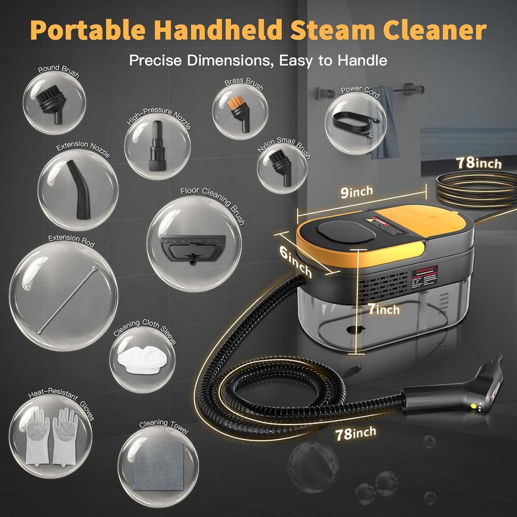 3-Level Adjustable Handle Steam Cleaner, 15s Heat-Up, 1.69 Quarts Tank, Portable Steamer with 11 Accessories for Home, Car, Floor, Couch
