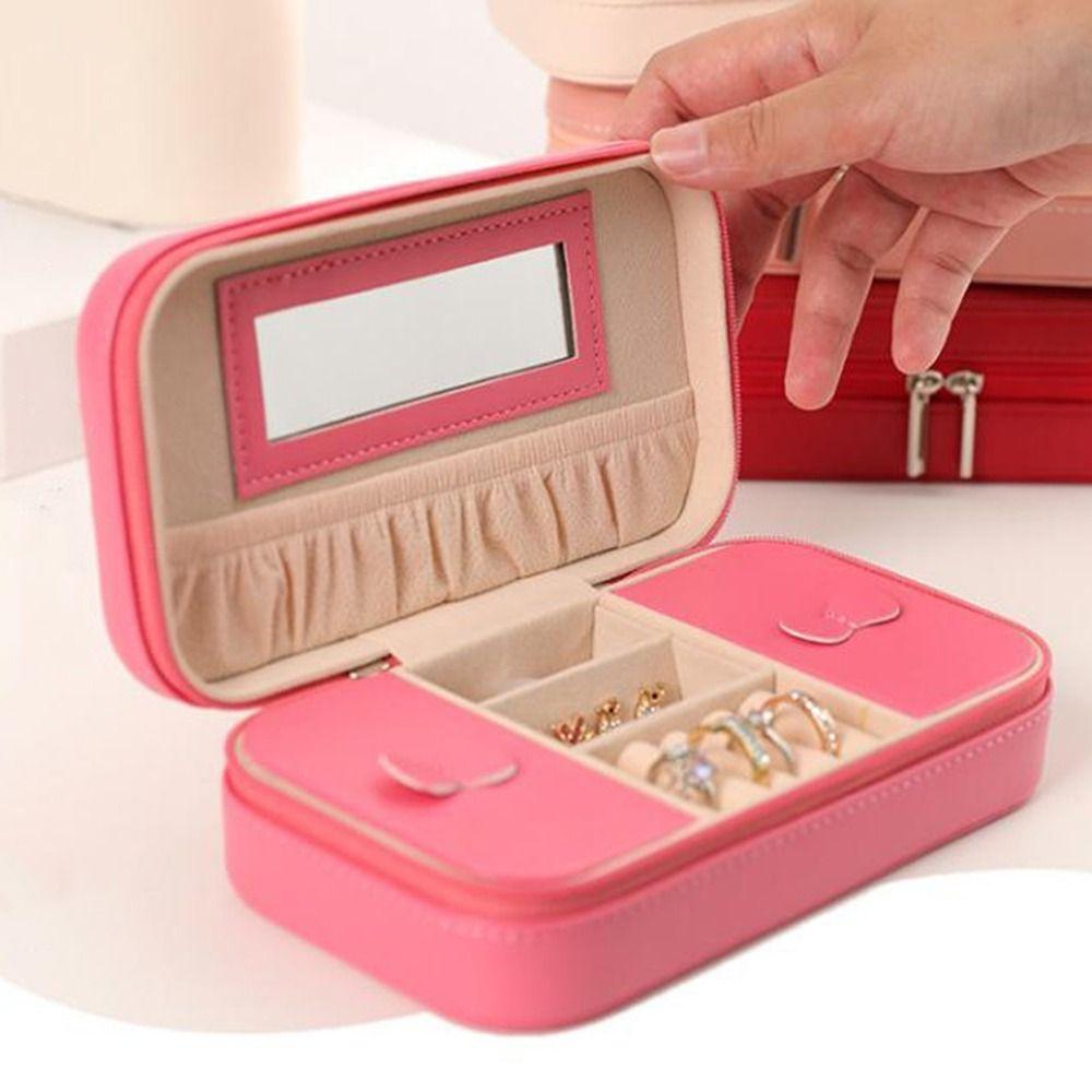 PU Travel Jewelry Case Solid Color Jewelry Display Box Simple Zipper Stotage Boxes  Women